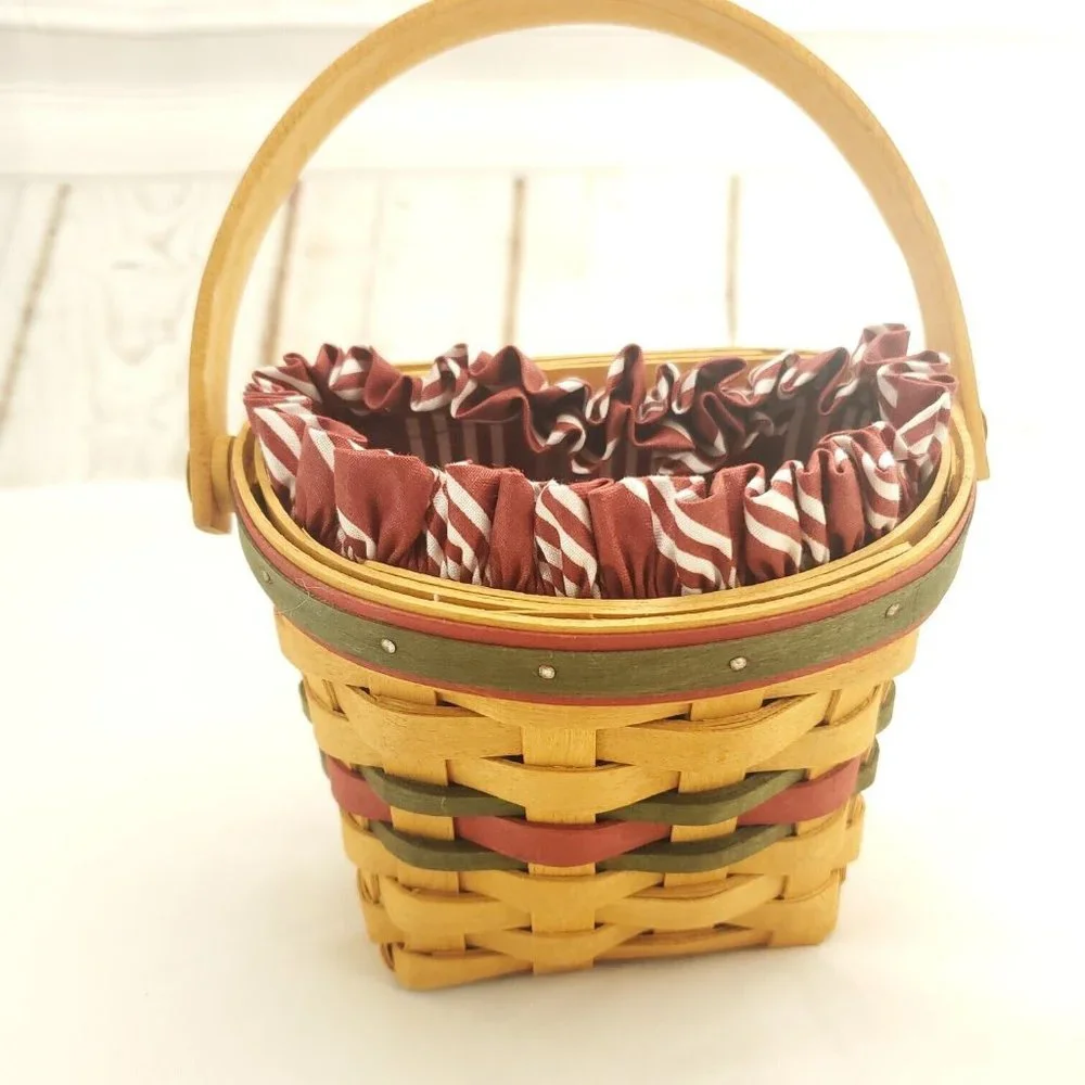 Longaberger Wooden Single Handle Red Striped Liner Handwoven Picnic Basket